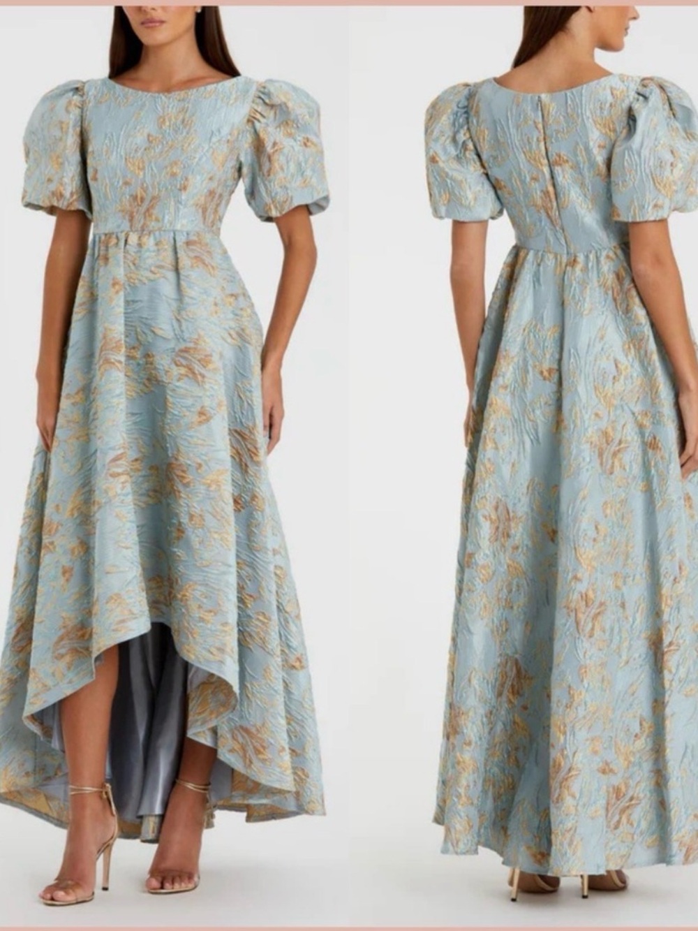 Mac Duggal Light Blue Brocade Puff-Sleeve High-Low Gown
